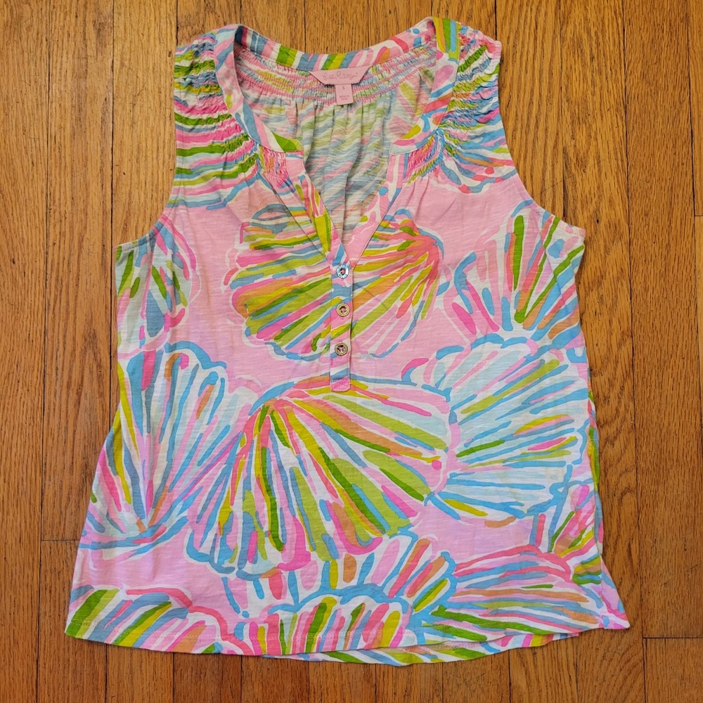 Lilly Pulitzer S Tank Top Pink Blue Seashell Smocked Cotton ESSIE Shellabrate